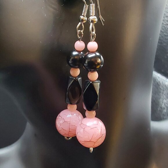 Pink and Black Dangling Pierced Earrings - Picture 4 of 4